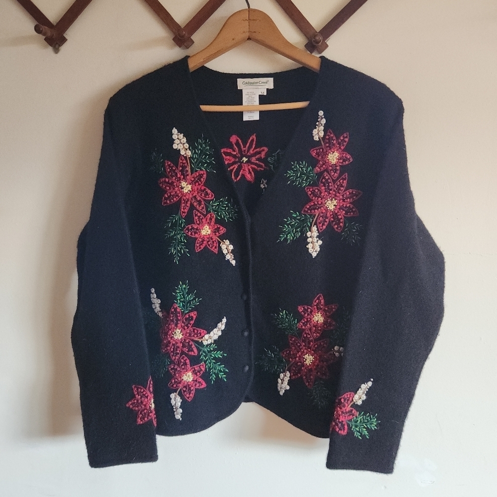 Coldwater Creek Black Cardigan with Red Floral Embroidery Wool Medium M